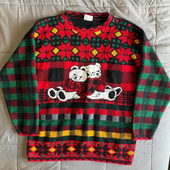 VTG Teddy Bear Poinsettia Christmas Ugly Sweater Holiday Unisex Medium? Made USA - Picture 1 of 11